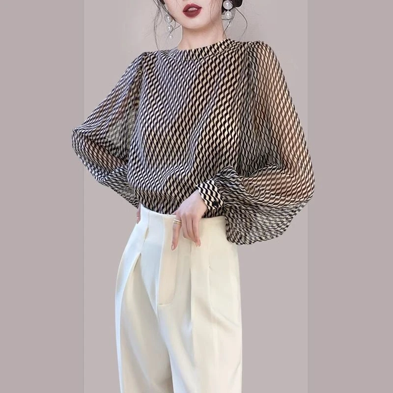 印花衬衫女轻奢波浪条纹衬衣时尚洋气百搭新款