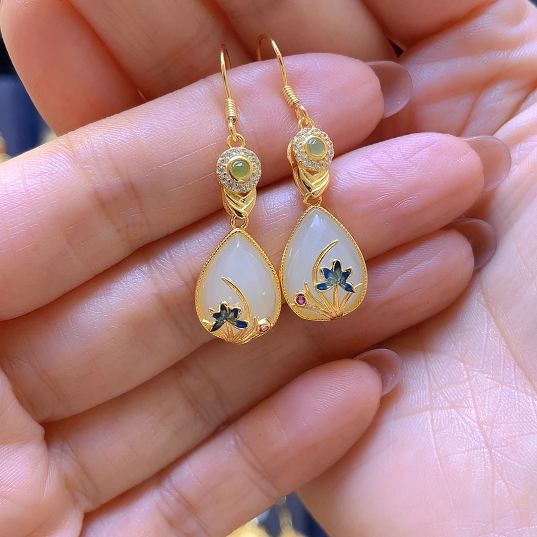 和田玉银S925镀金镶嵌耳饰