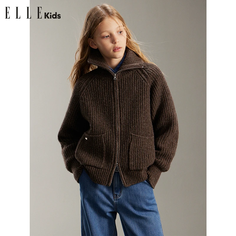 ELLEkids童装法式复古混纱花纱翻领针织衫女儿童冬季双女童上衣