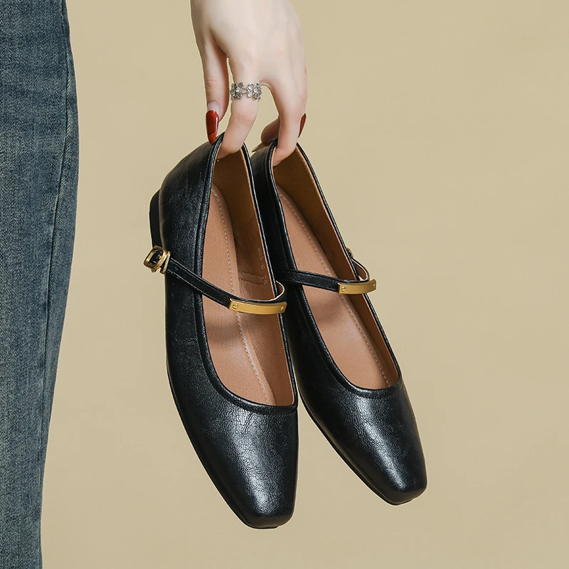 羊皮法式玛丽珍鞋女2025夏季新款复古方头金属一字带浅口平底单鞋