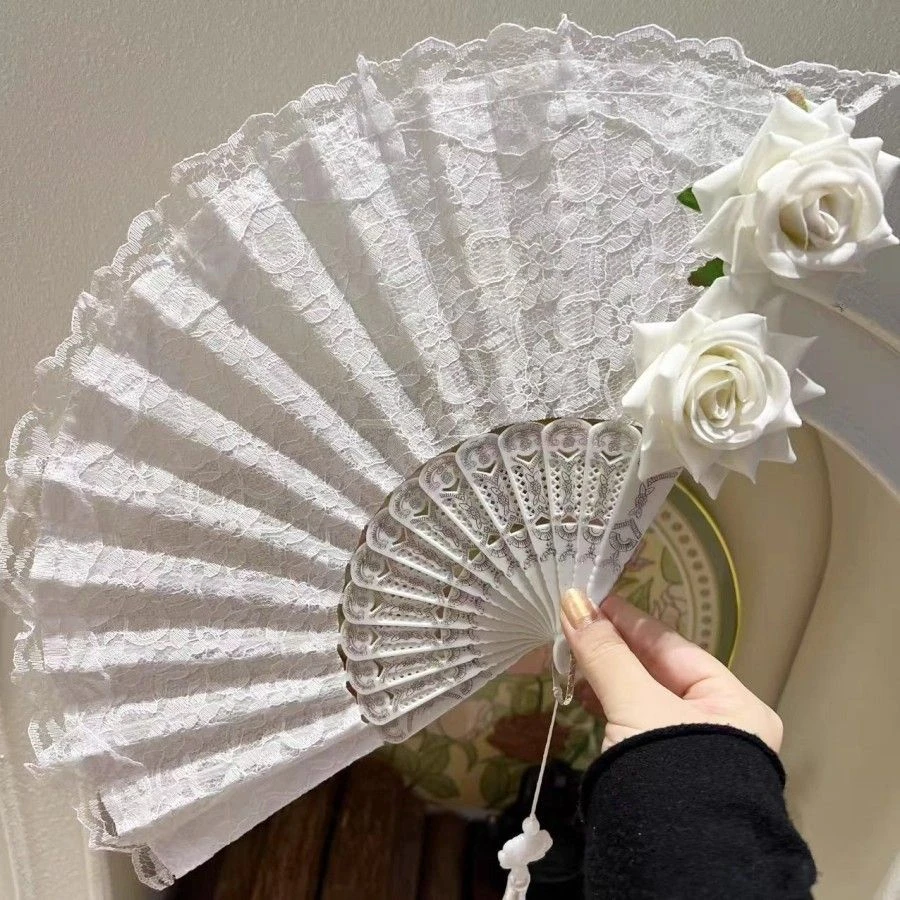 扇子仙女女神白色蕾丝玫瑰花性感复古古风折扇汉服旗袍 cos道具