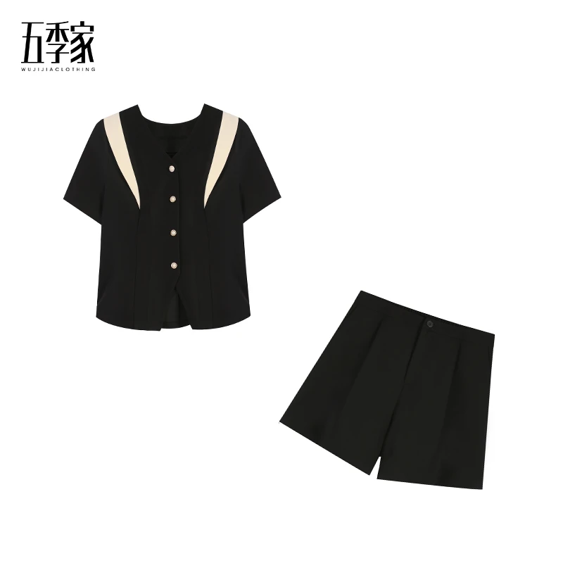 周周-微胖女生穿搭夏气质黑色上衣显瘦短裤两件套五季家ZL94884
