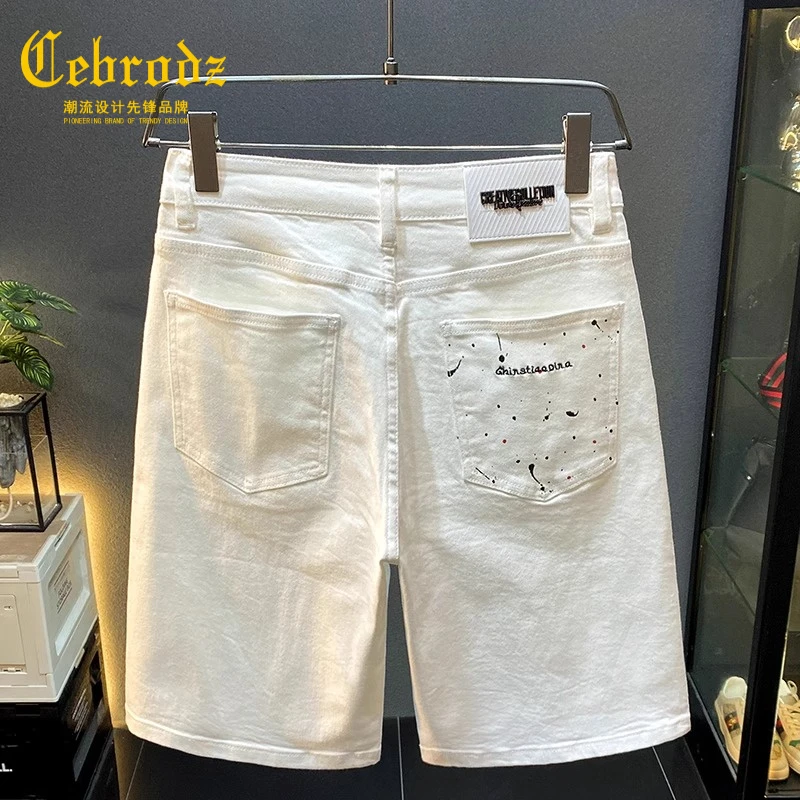 法国Cebrodz男士漆点泼墨夏季薄款白色牛仔短裤凉感透气五分中裤