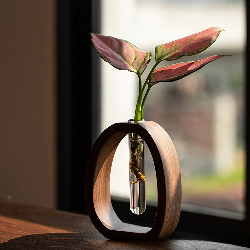 创意胡桃木实木花器创意插花摆件简约玻璃植物花插迷你水养花瓶