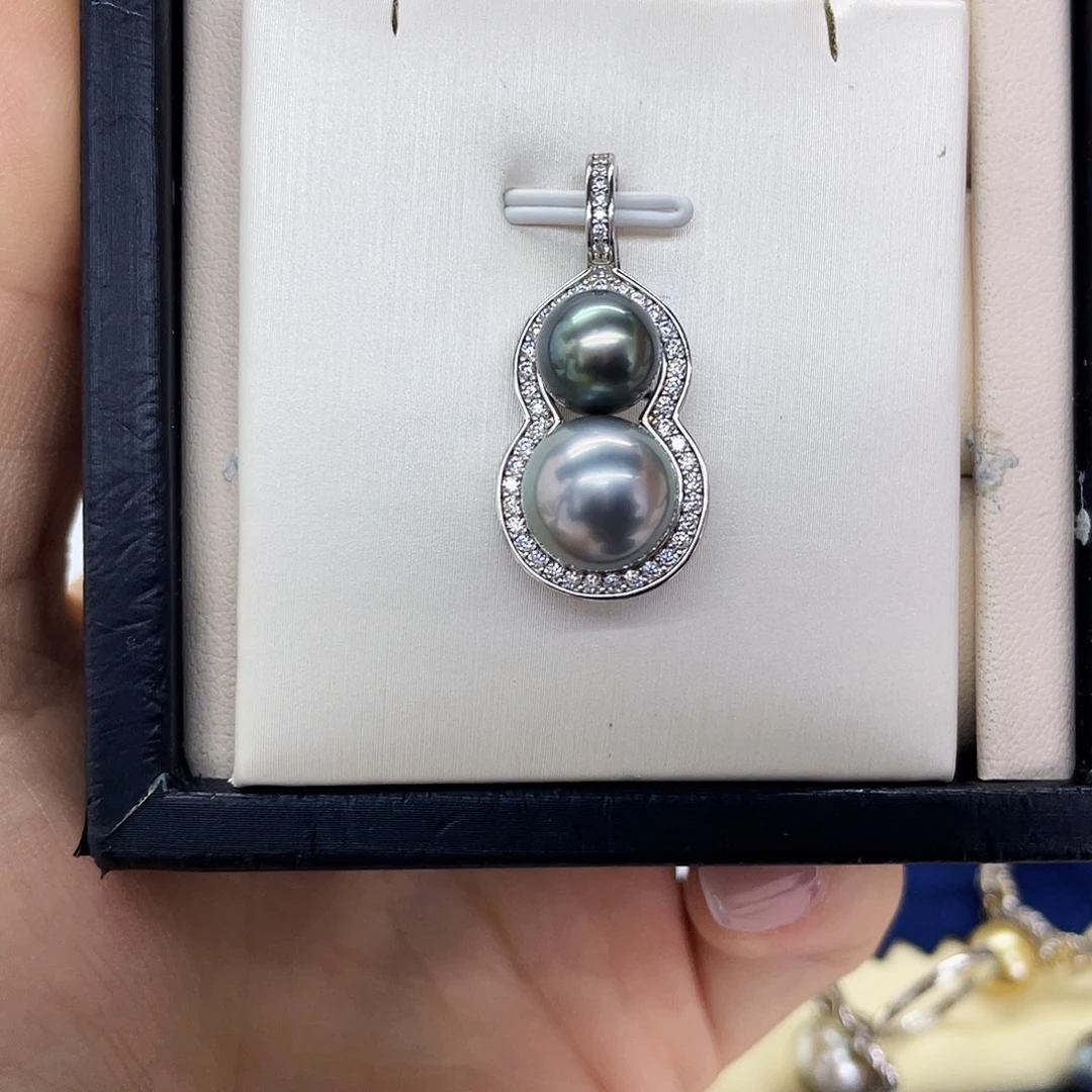 银S925镶嵌海水珍珠吊坠(不含链)大溪地双珠葫芦吊坠8-10mm