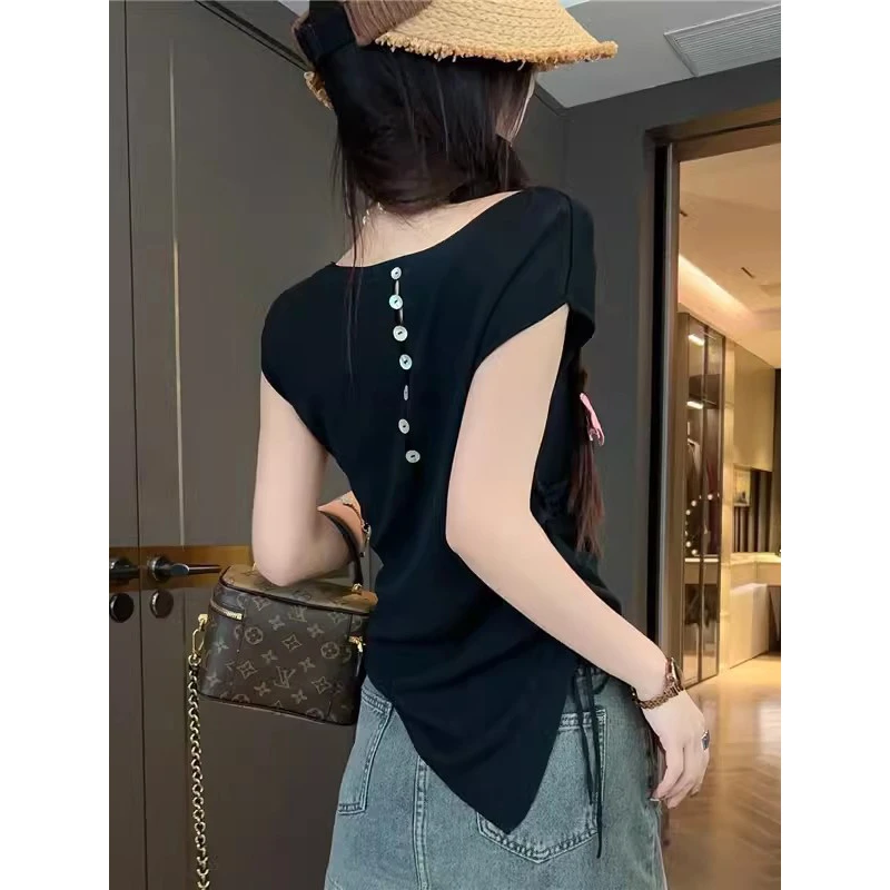 后背镂空设计感上衣V领修身显瘦短袖气质女休闲夏季不规则