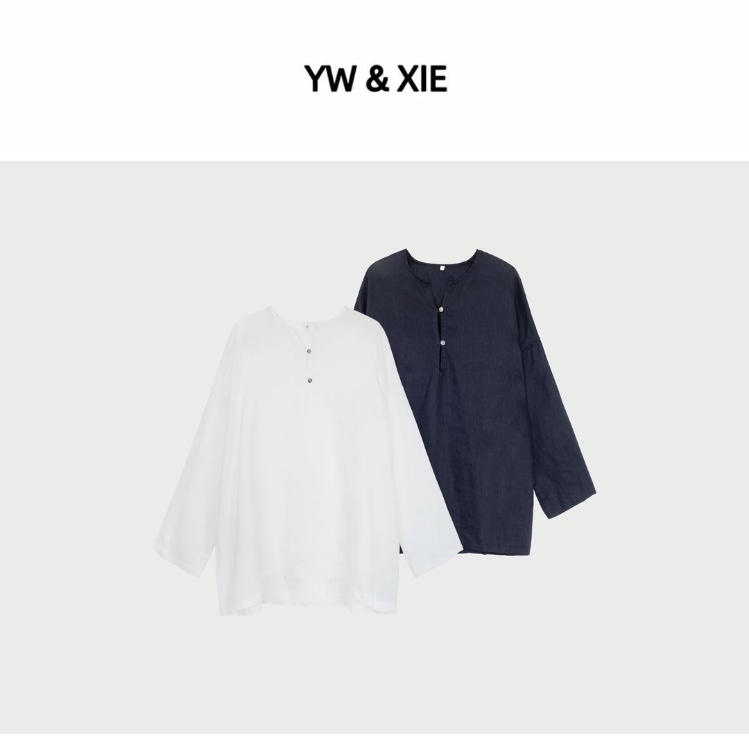 YW&XIE《585》老钱风纯色宽松亚麻衬衫V领纽扣衬衫