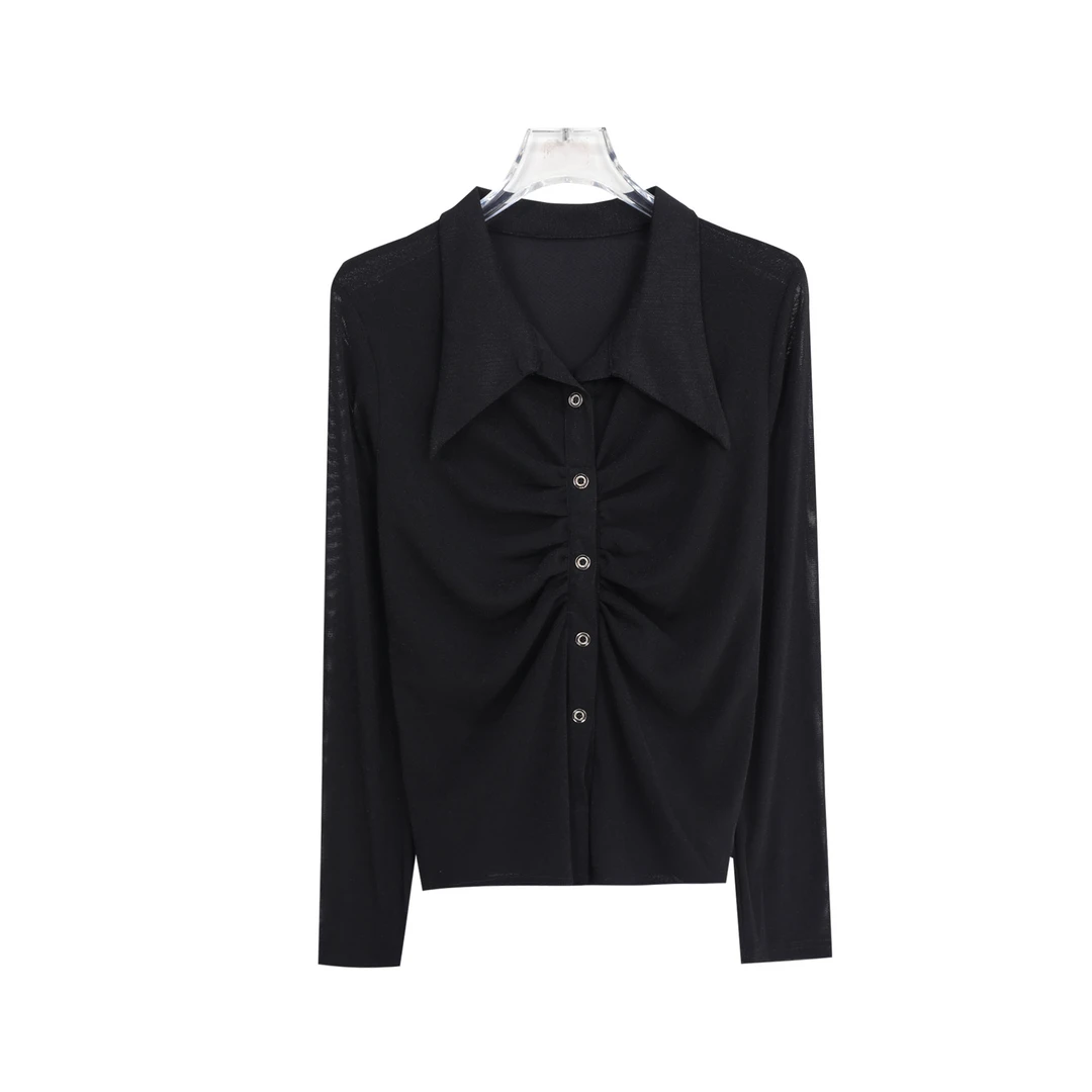 时尚褶皱设计感减龄翻领御姐风气质上衣S3390