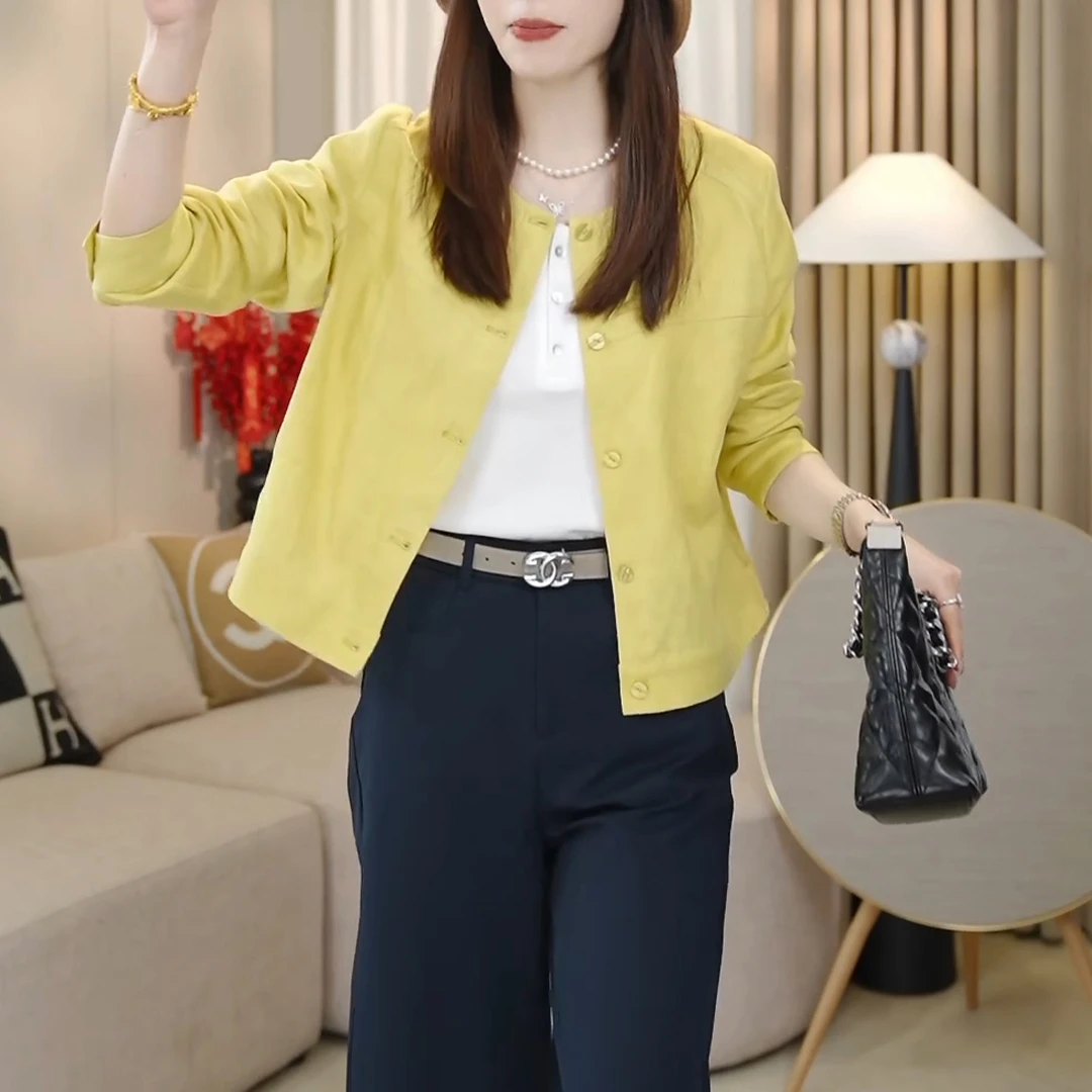 LMENY仿亚麻！夏季清爽软仿亚麻质感显瘦圆领短外套女小个子上衣