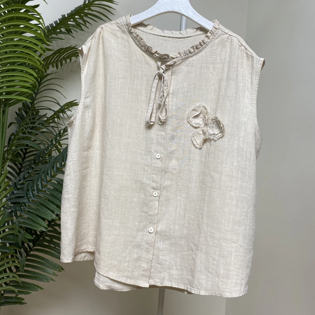 【麻料木耳边立体花朵无袖衬衫】3672