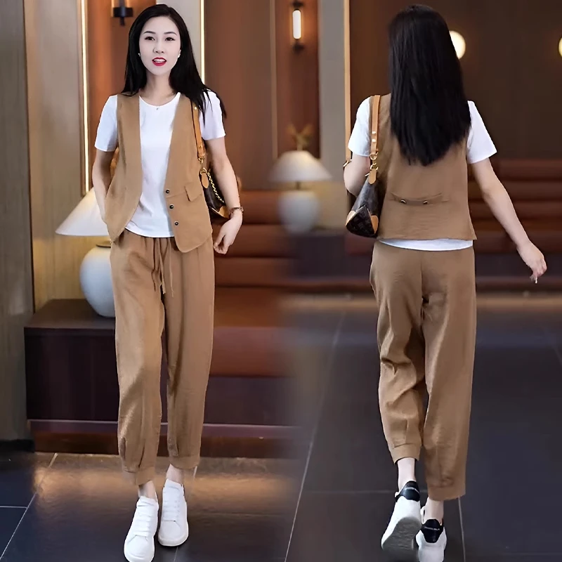 时尚休闲套装女2025夏季新款洋气减龄短袖马甲直筒裤小个子三件套