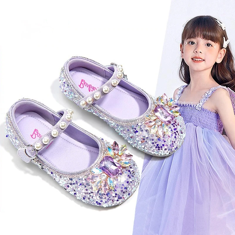 2025年春新款女童公主鞋宝宝水晶鞋儿童鞋子豆豆鞋软底演出小皮鞋