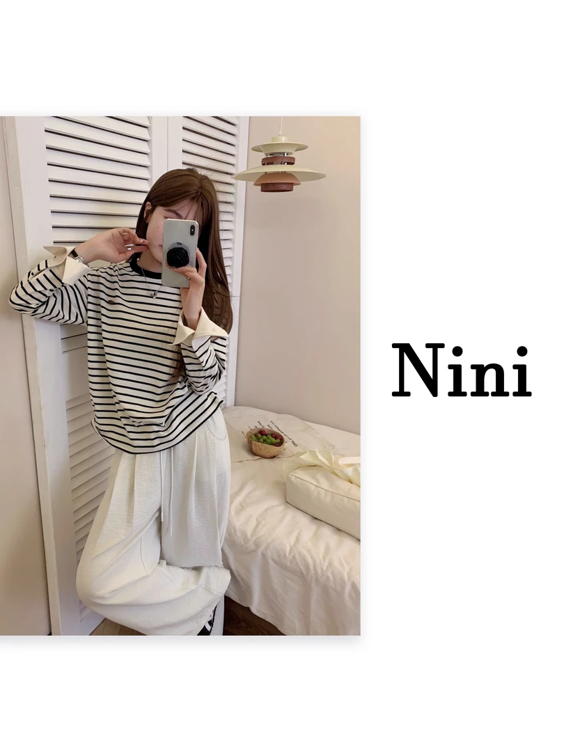 Nini 蛋家条纹圆领打底衫春秋长袖时尚休闲百搭宽松韩版秋季