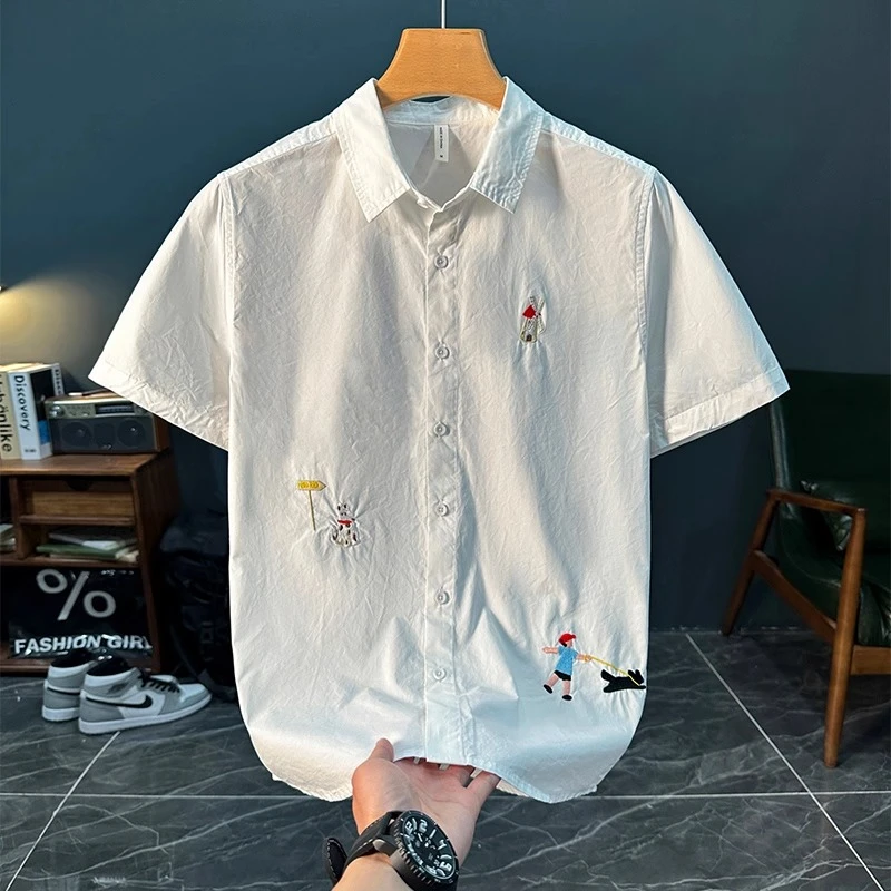 臣吾夏季潮牌日系清新刺绣短袖衬衫男士轻奢时尚百搭休闲宽松衬衣