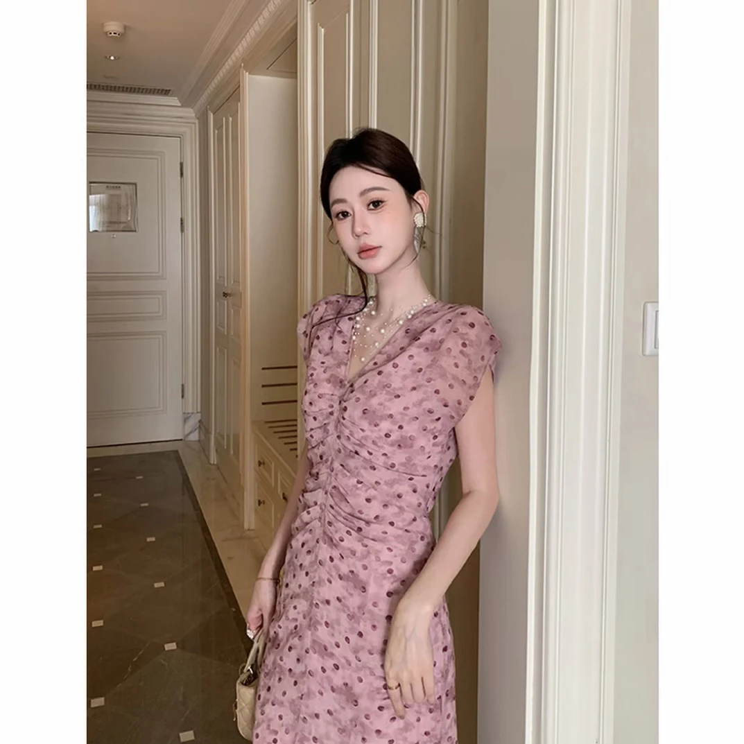 【小婉】法式浪漫扎染V领度假风褶皱收腰显瘦短袖波点连衣裙LYQ1010