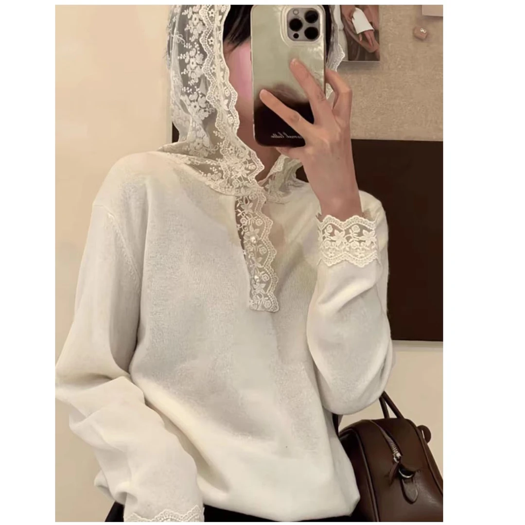 【贺筱姐】设计感时尚洋气拼接蕾丝连帽上衣打底衫S912款