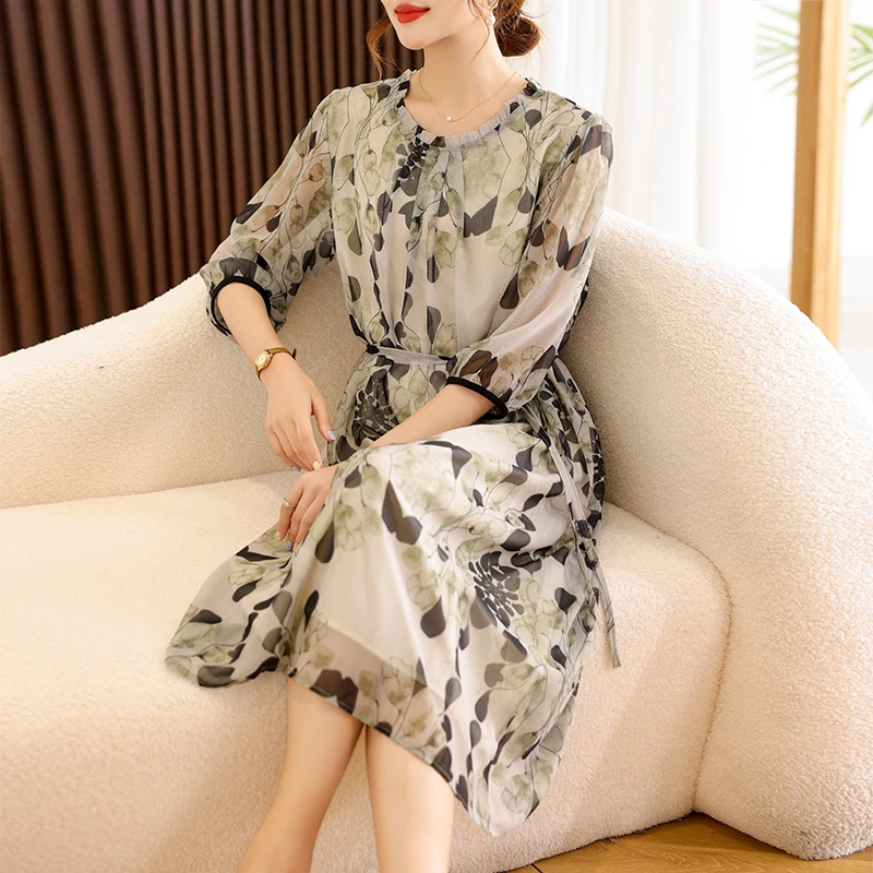 中年妈妈夏装雪纺连衣裙2025新款中老年女夏季短袖长裙子