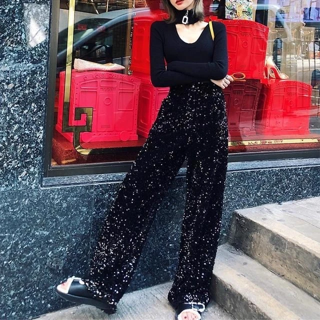 2026年春季新款复古休闲小众设计感闪闪亮片阔腿裤女宽松百搭长裤