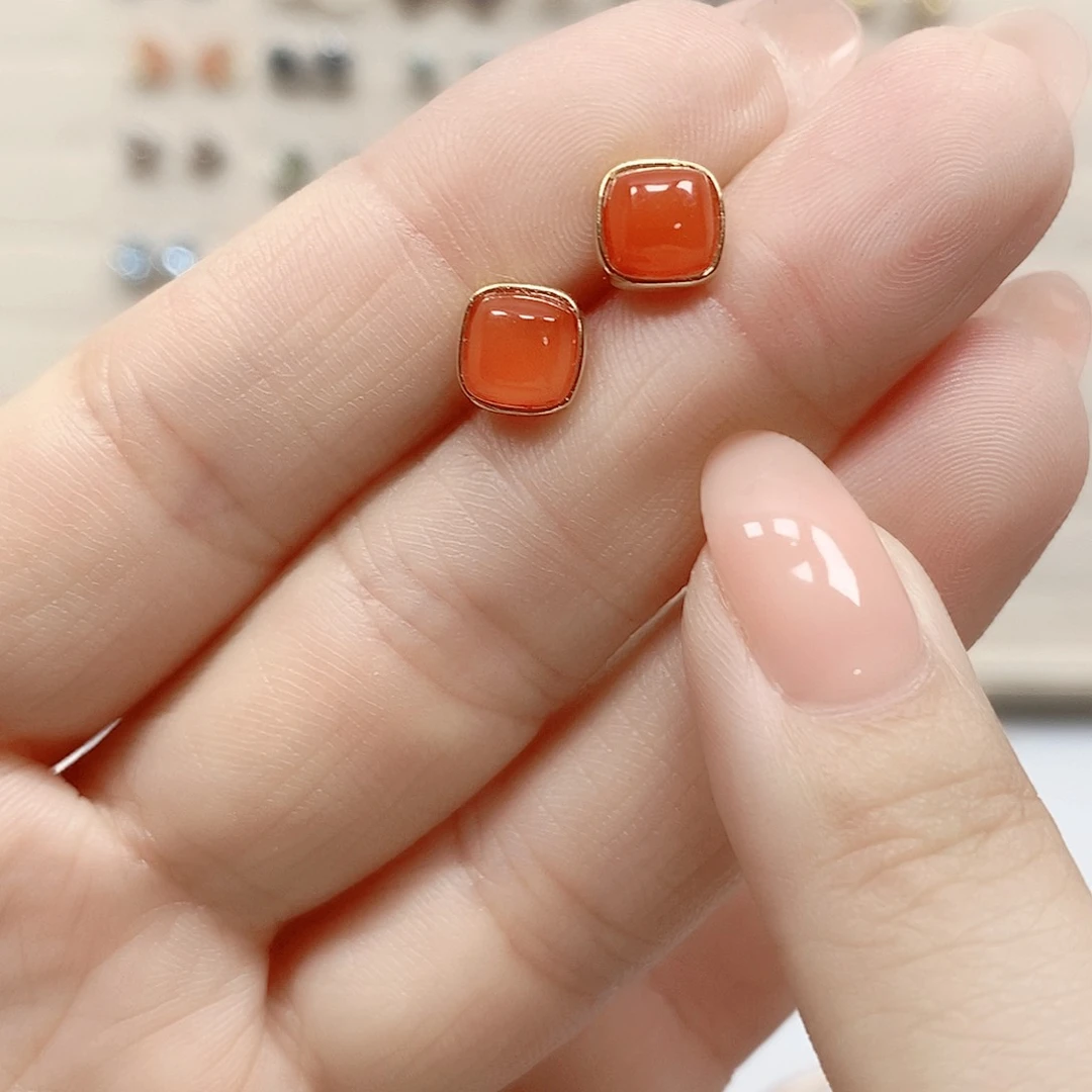 南红玛瑙耳饰银S925镀金镶嵌