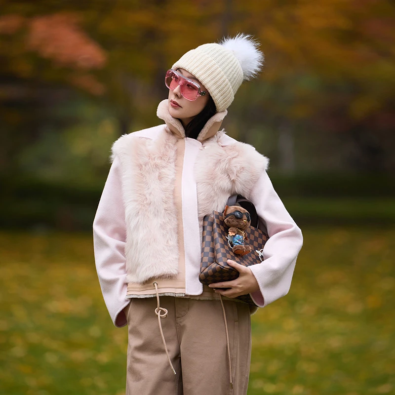 TRACYCHU樱花粉超细山羊绒拼意大利托卡高奢皮草外套百搭冬季新款