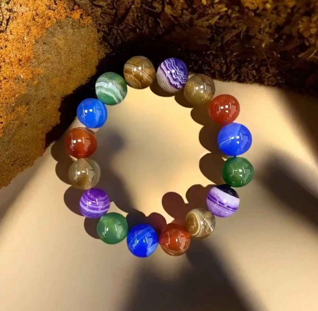 天然玉石12mm彩线条手串 F09 时尚经典 百搭款发其一