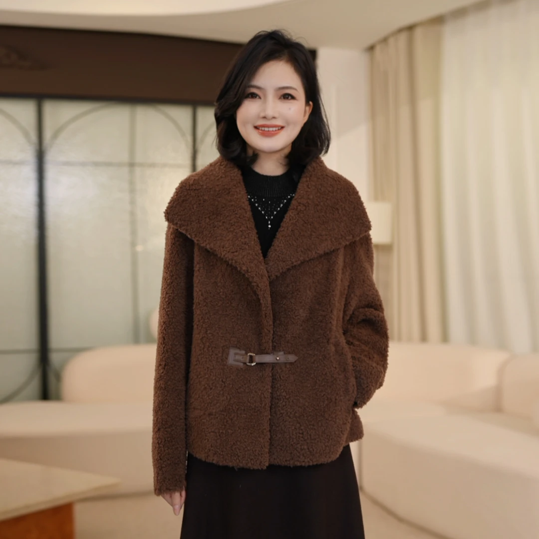 枫竺阿楠anan气质大翻领皮扣厚款羊毛颗粒外套女冬保暖羊羔毛大衣