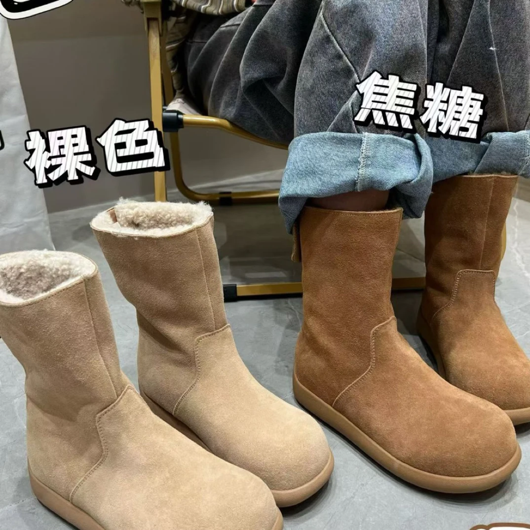 巴宝秀真皮雪地靴女2025冬季新款保暖加绒加厚两穿翻边平跟东北棉