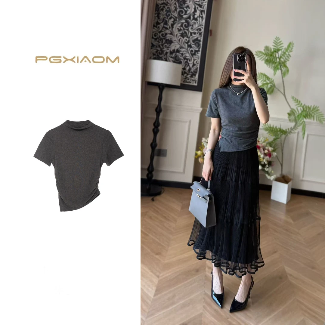 【PGXIAOM】润秀定制黑灰咖三色不规则半高领T恤TX9733