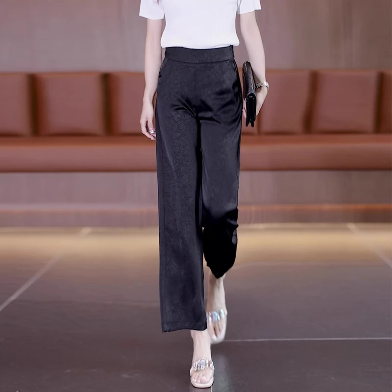 拉夏贝尔缎面九分裤女2025年夏季薄款高腰宽松显瘦休闲垂感直筒裤