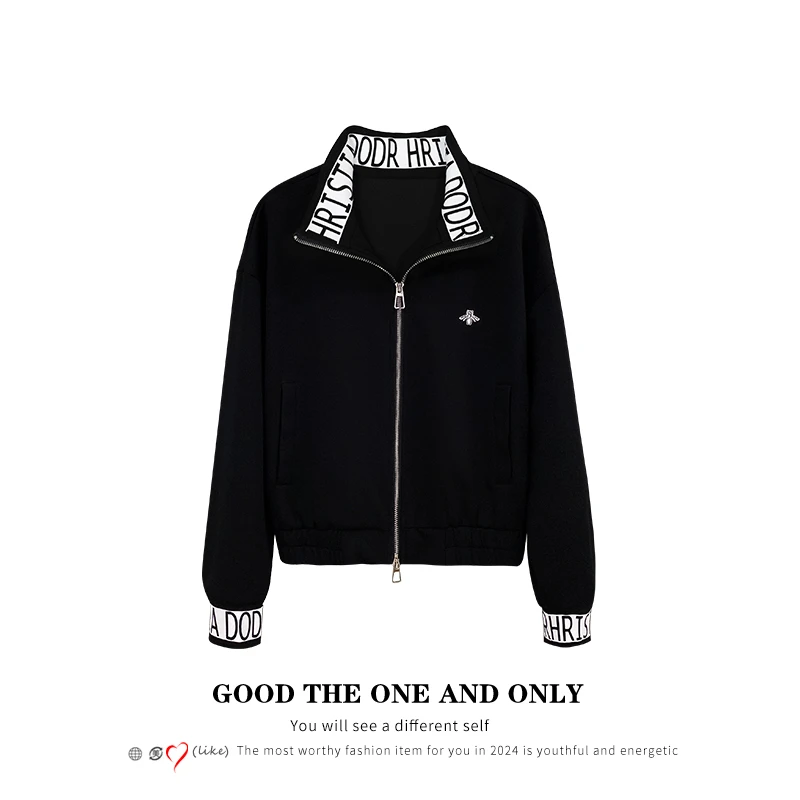 设计款字母刺绣撞色立领拉链开衫外套801243