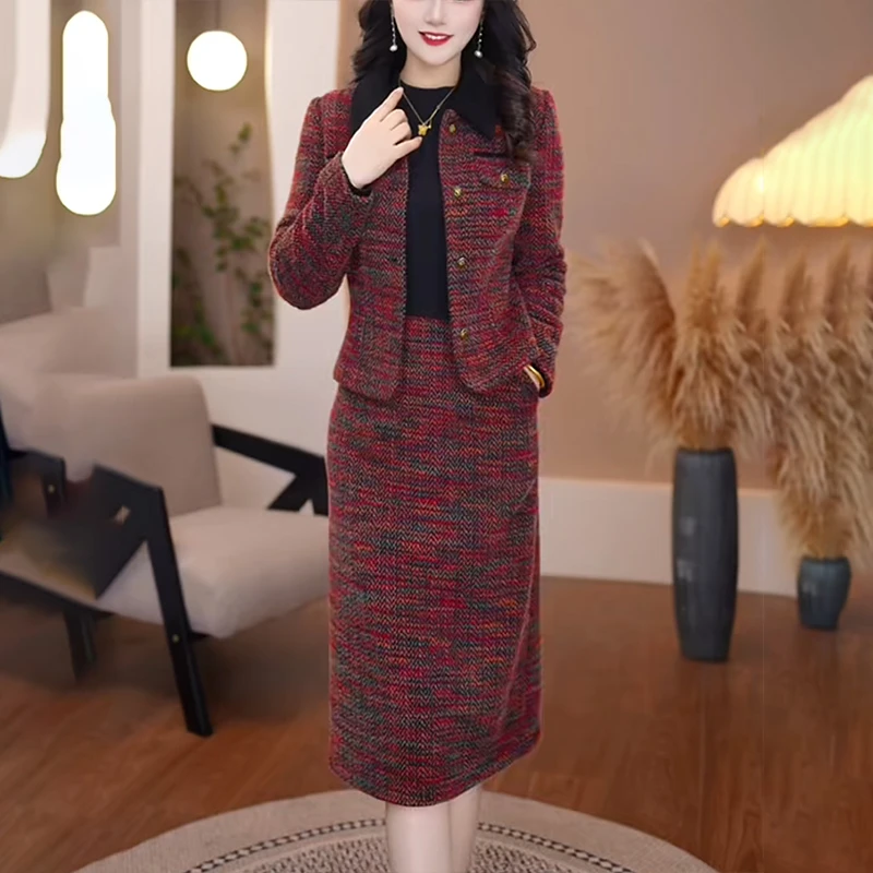 妈妈装两件套2025秋冬新款气质修身加厚翻领连衣裙套装短外套上衣