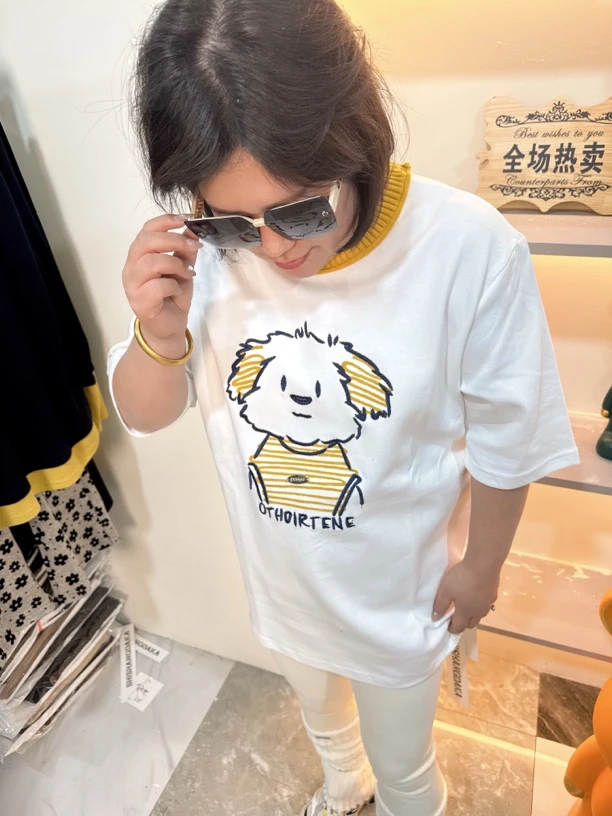 8587刺绣可爱小狗ins短袖T恤半袖卡通夏季大码女装新款2024
