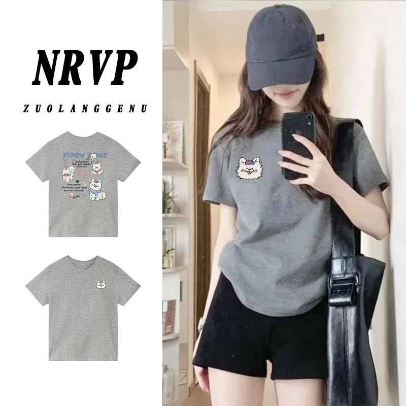 正肩前后卡通小狗短袖t恤女减龄大码女装小个子显瘦弹力修身上衣
