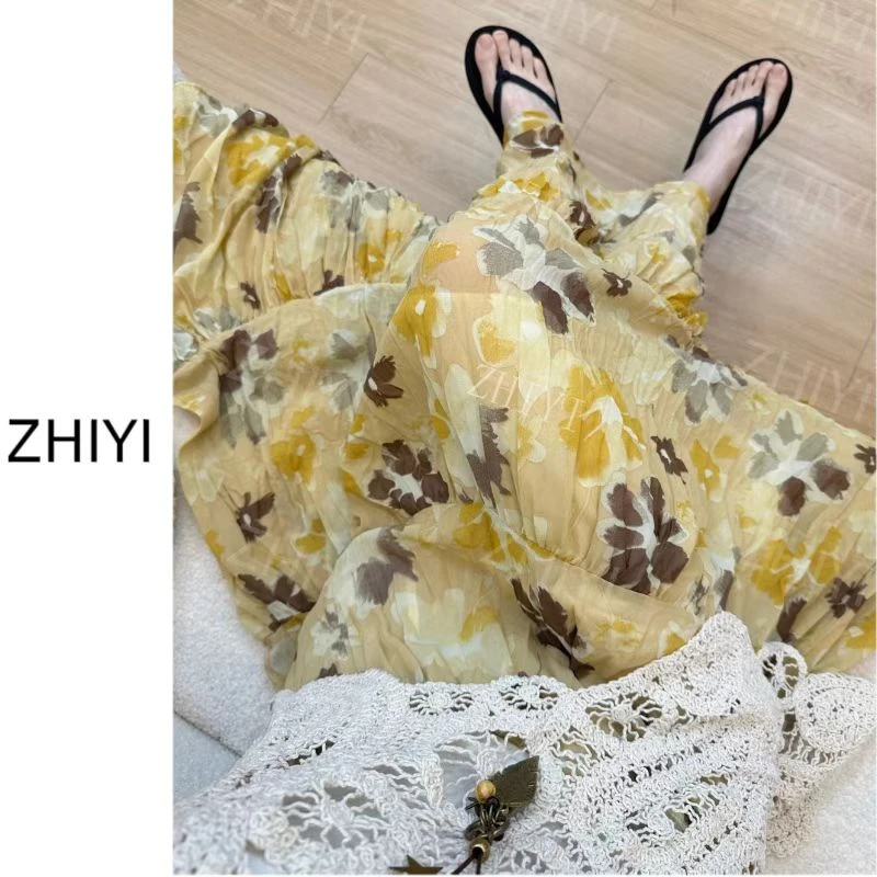 法式印花雪纺大摆半身裙女2025早秋新款温柔甜美显瘦百搭a字裙