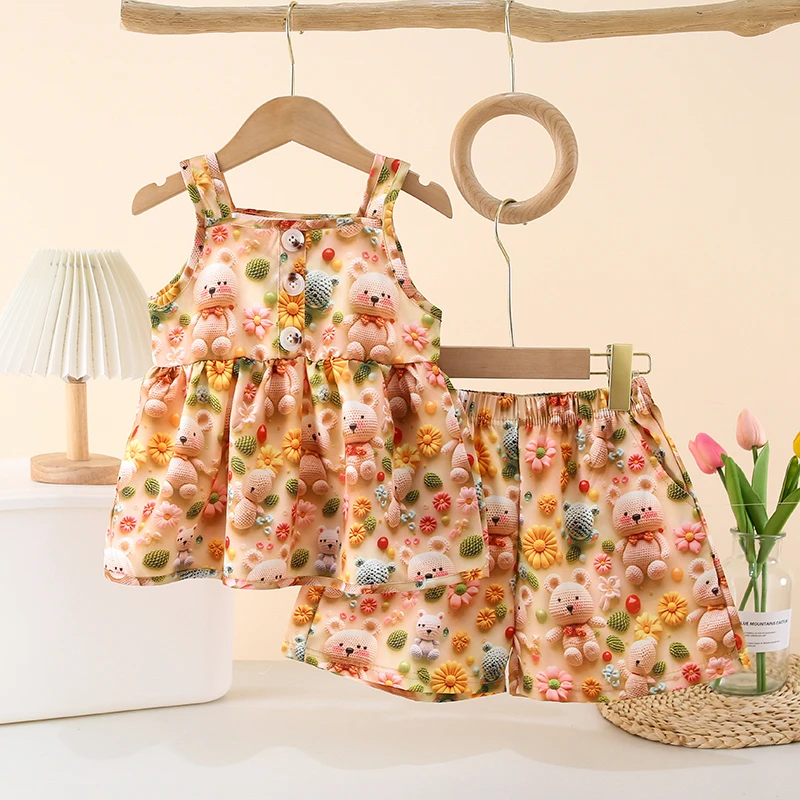 儿童夏季套装3D卡通小熊时尚休闲吊带潮款网红洋气薄款女童两件套