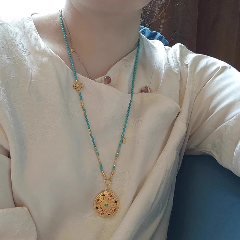 铜合金项链 绿色长款万能项链可拆卸珠串锁骨链新中式女小众饰品