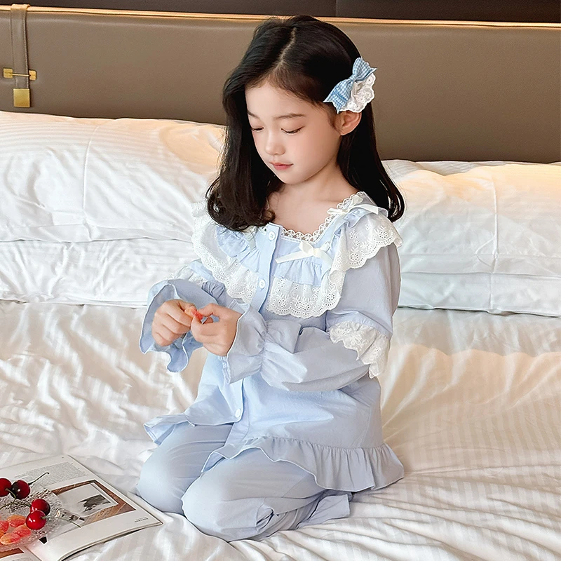 【蓝芙莓昔】纯棉儿童睡衣长袖套装春秋款女童薄款蕾丝家居服2280