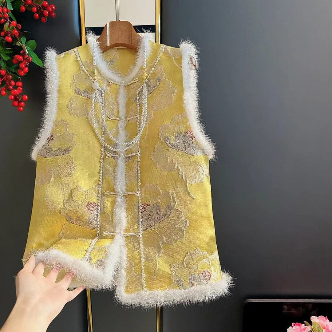 花开牡丹新中式盘扣提花加棉毛马甲女高端盘扣拼接中国风马夹38