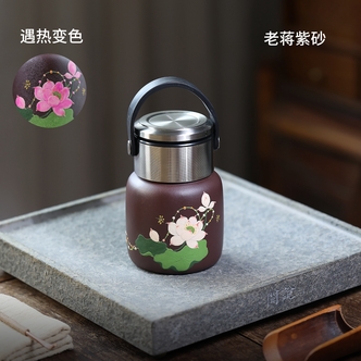 宜兴紫砂 紫泥 手绘荷韵 墩墩杯 （赠杯套）
