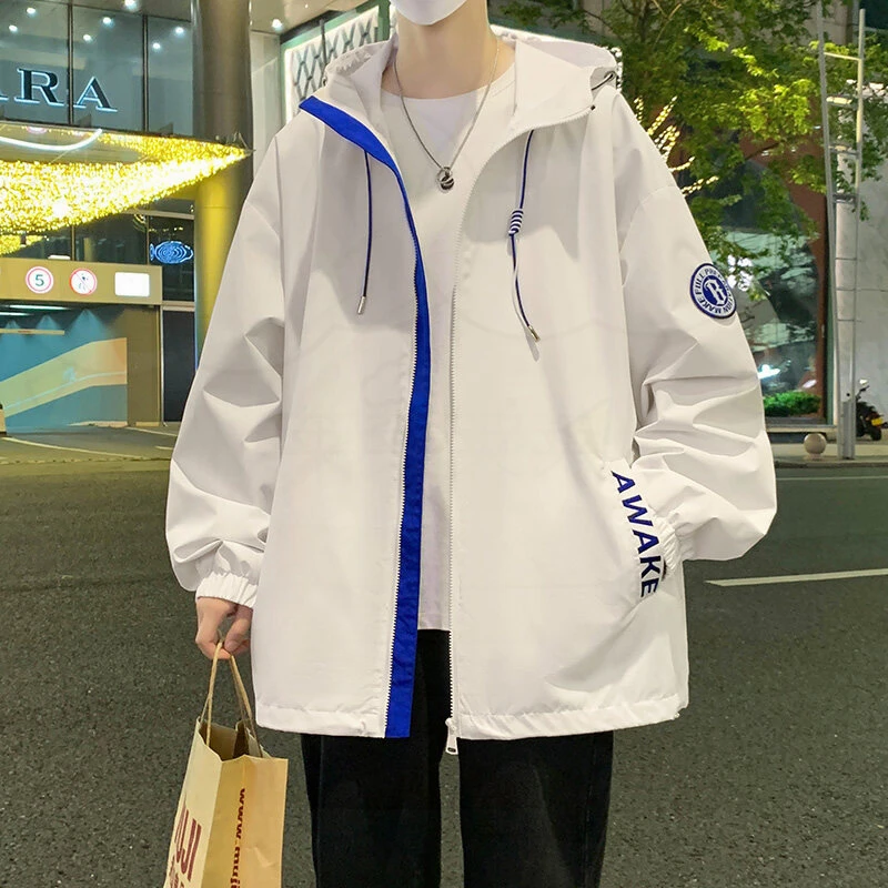 外套男款2025春秋季潮流宽松夹克初中学白色帅青少年连帽冲锋衣服