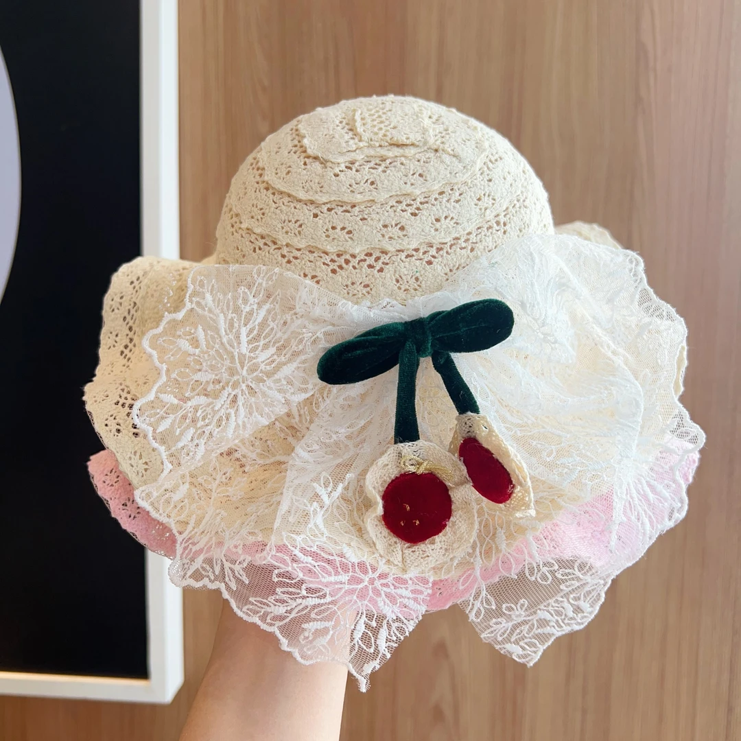 夏季沙滩宝宝公主风圆顶宽檐休闲风女大檐帽子草帽太阳帽蕾丝盆帽