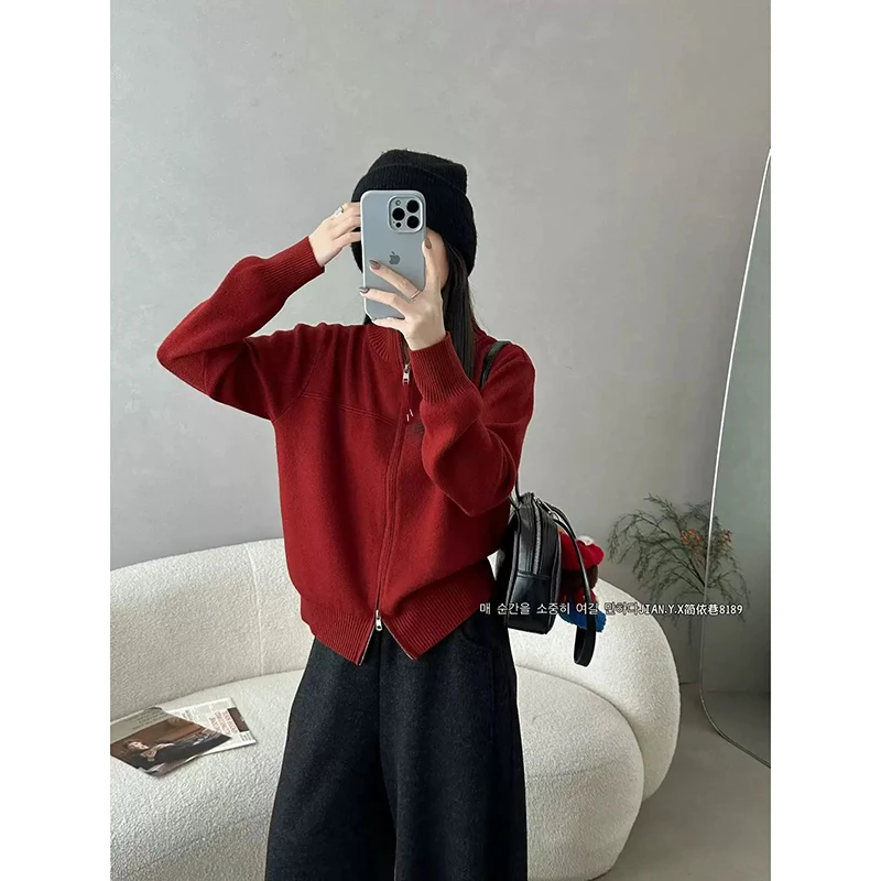 【红色】3902开衫外套超柔软高品质圆领双开拉链上衣