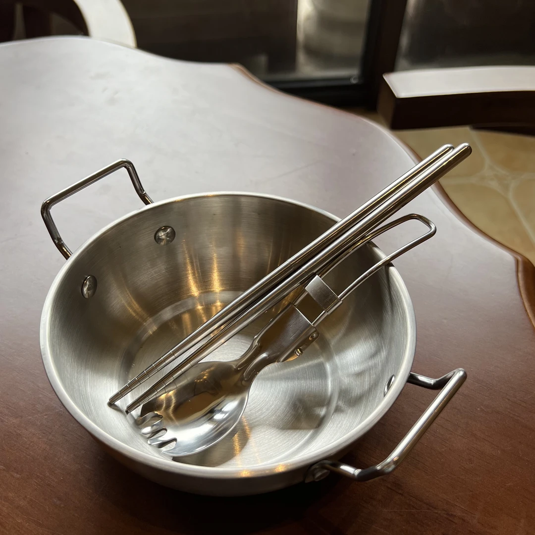 双耳不锈钢复合底小锅304不锈钢折叠勺叉筷套装