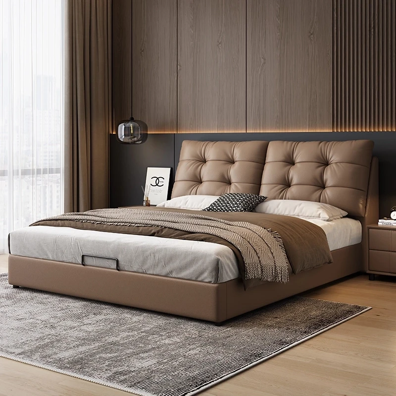 意式极简奶油风真皮高端大气床1.8米x2米主卧大床头层牛皮双人床