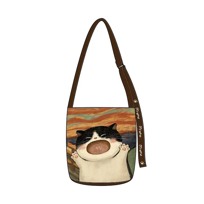 艺术鸭原创妈宝小猫椭圆底飘带水桶包单肩斜跨手提百搭小众通勤包