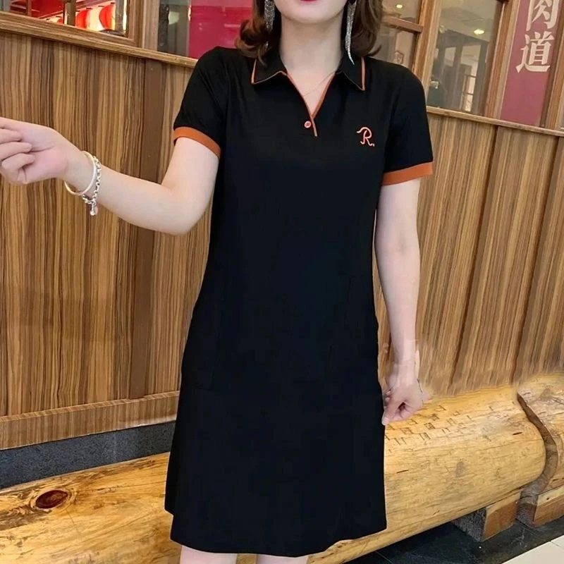 夏季新款连衣裙女2025新款短袖中长裙拼色字母刺绣气质显瘦黑色裙