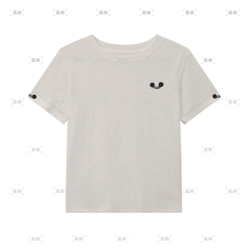 【扣子笑脸】短袖t恤女夏季正肩圆领半袖韩版简约设计感小众上衣潮