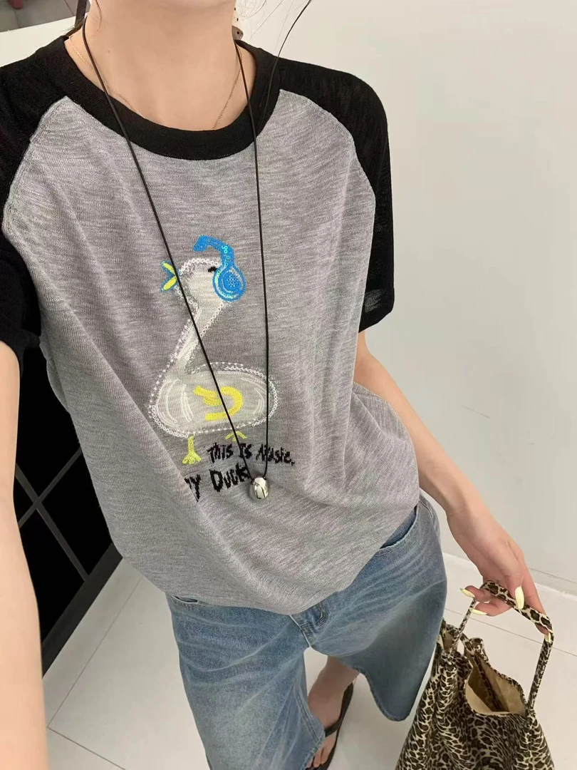 2025春夏季新款时尚百搭圆领卡通提花短袖针织T恤女宽松显瘦1859