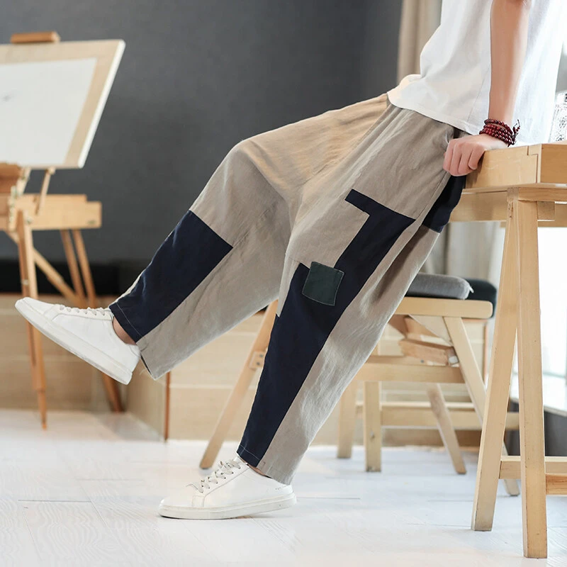 棉麻休闲裤男士秋季新款新中式国风大码宽松潮流百搭休闲补丁裤潮