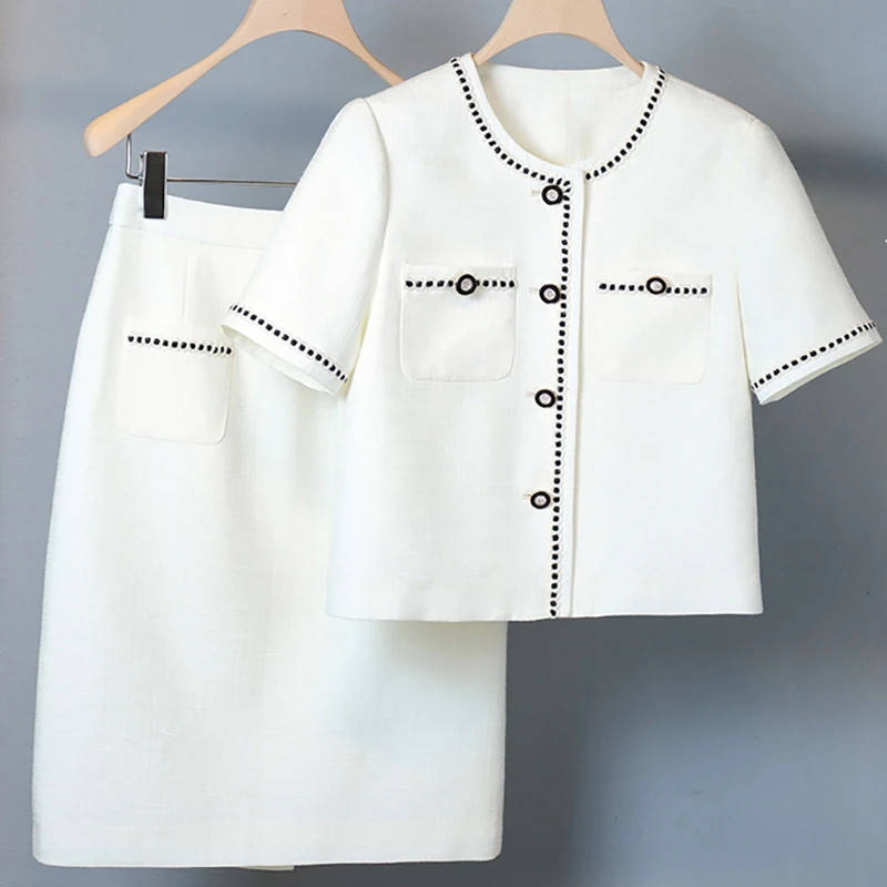 夏装薄款杏色高级感短外套时尚名媛高端气质扣粒套装裙28650